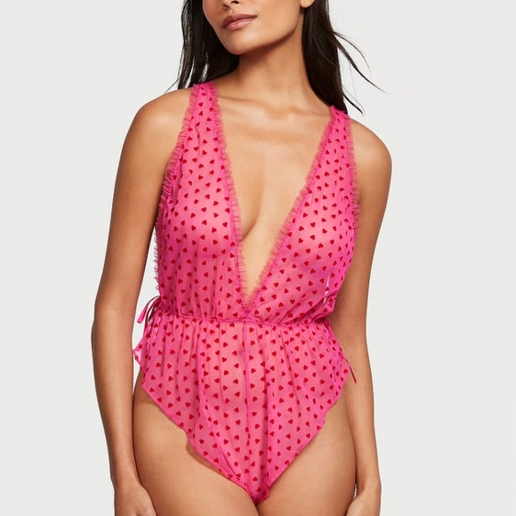 New! Victoria’s Secret Tease Mini Hearts Flocked Mesh Romper 4002 - Picture 2 of 8